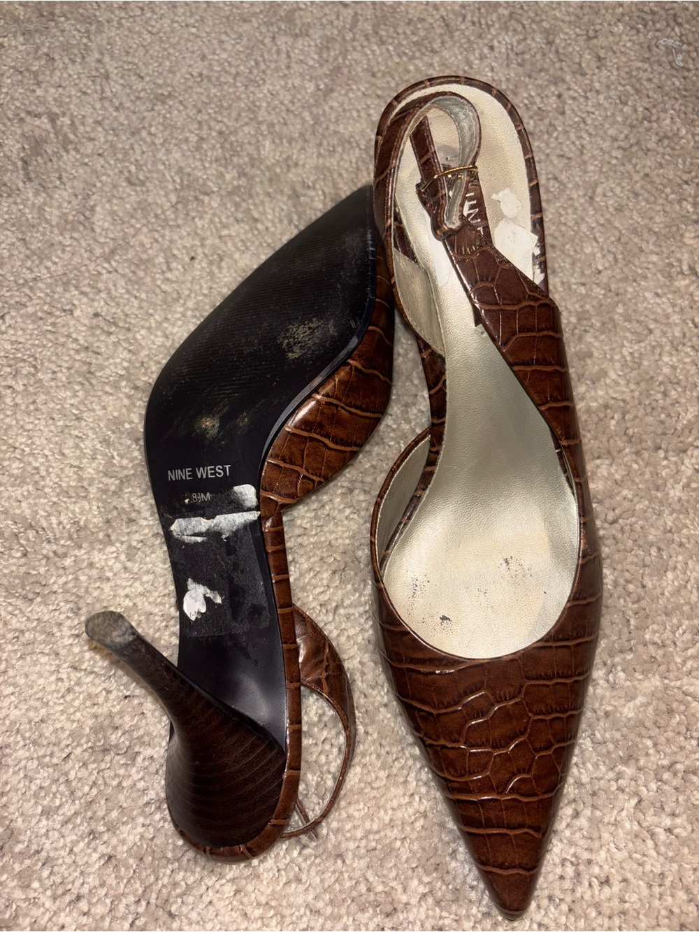 Nine West Brown Croc-Embossed Pointed Slingback Heels - Picture 3 of 3